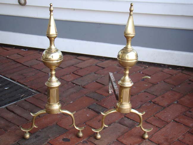 A good pair of Steeple top Brass Andirons from Boston circa 1800-1820